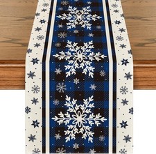 Buffalo Plaid Snowflake Table Runner 13x72"  Blue Winter Christmas Decor