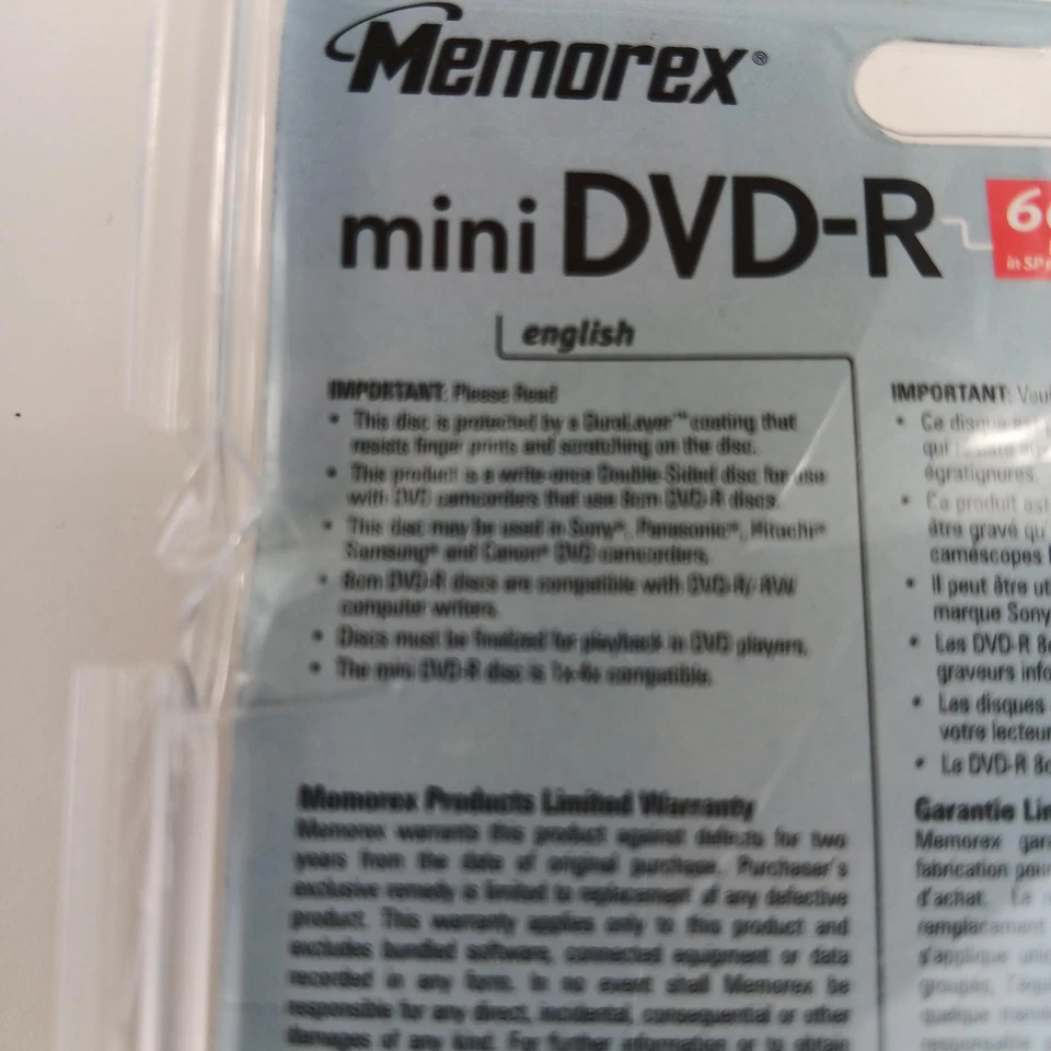 Memorex Mini DVD-R Paquete de 5 Doble Cara 2.8GB 60min 8cm Para Videocámara PC Nuevo Foto 3 de 4