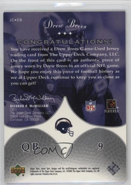 2003 Upper Deck Sweet Spot Jerseys /300 Drew Brees #JC-DB - Image 2 of 2