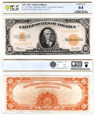 1922 $10 PCGS Banknote 64 Fr. 1173 Gold Certificate Choice UNC Paper Currency