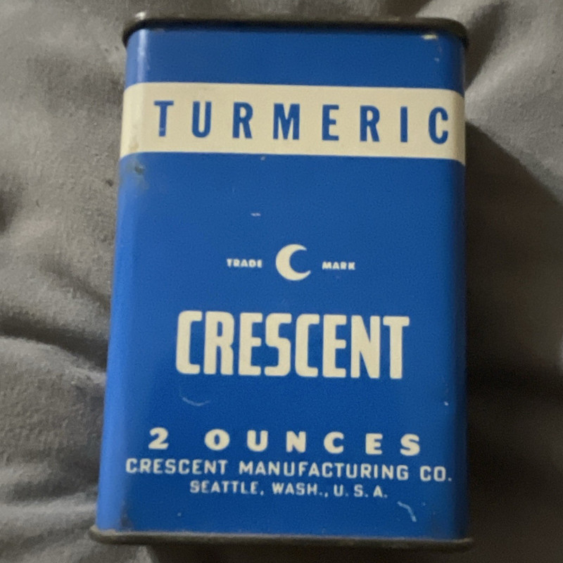 Crescent Vintage Turmeric 2 oz Blue & White Spice Tin Can Seattle WA USA