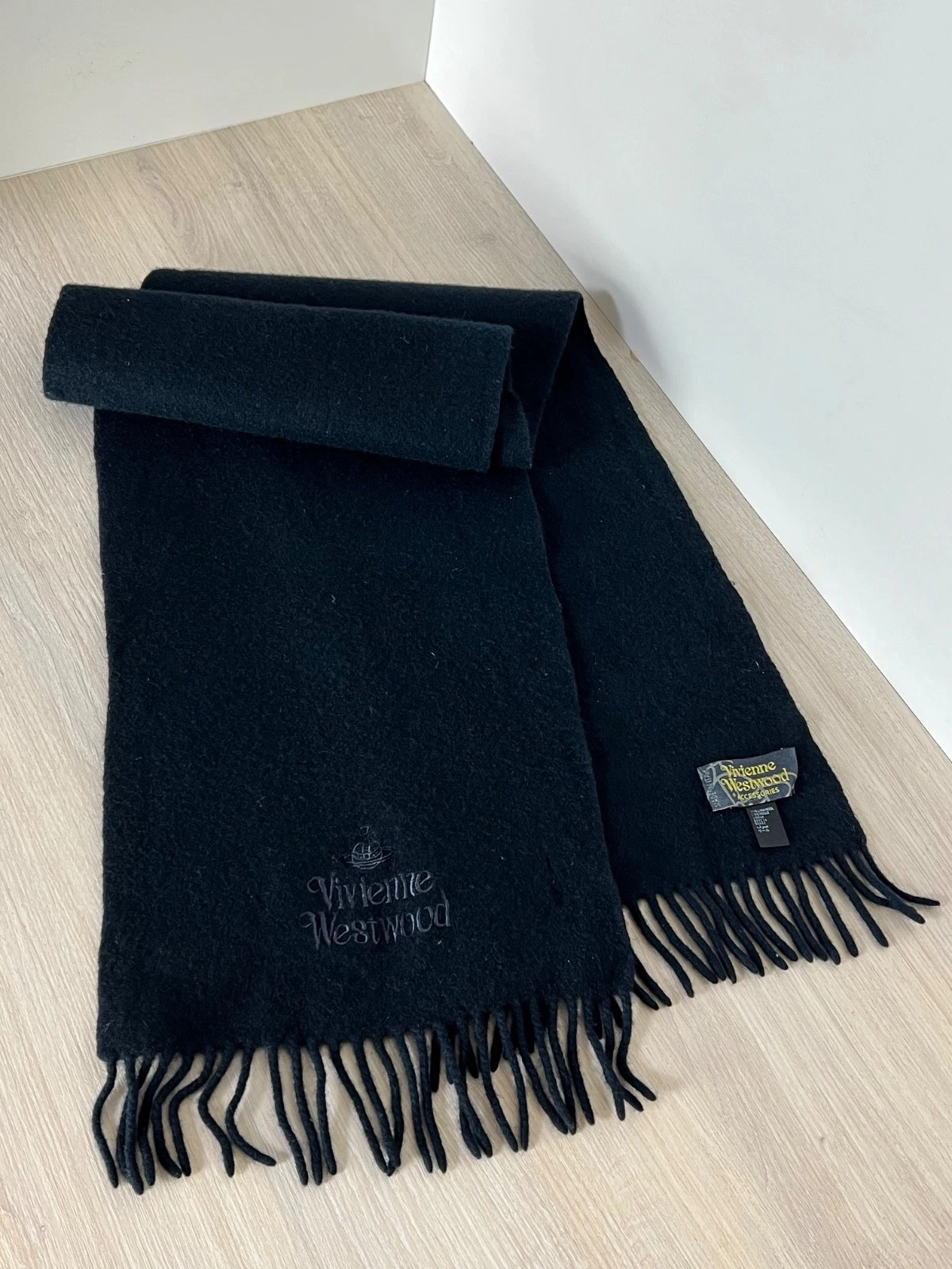 Authentic Vivienne Westwood Black Wool Scarf - Embroidered Orb Logo - Made in It