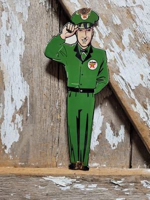 #ad VINTAGE TEXACO PORCELAIN SIGN OLD GAS STATION MOTOR OIL GARAGE ATTENDANT MAN $229.95