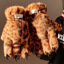 Thickened Winter Warm Leopard Paw Plush Five Finger Gloves Cosplay Props