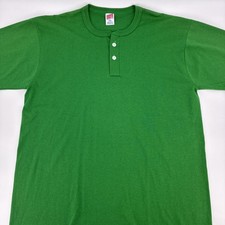 Vintage Soffe Shirt Men Large Green Henley Single Stitch Blank Made in USA