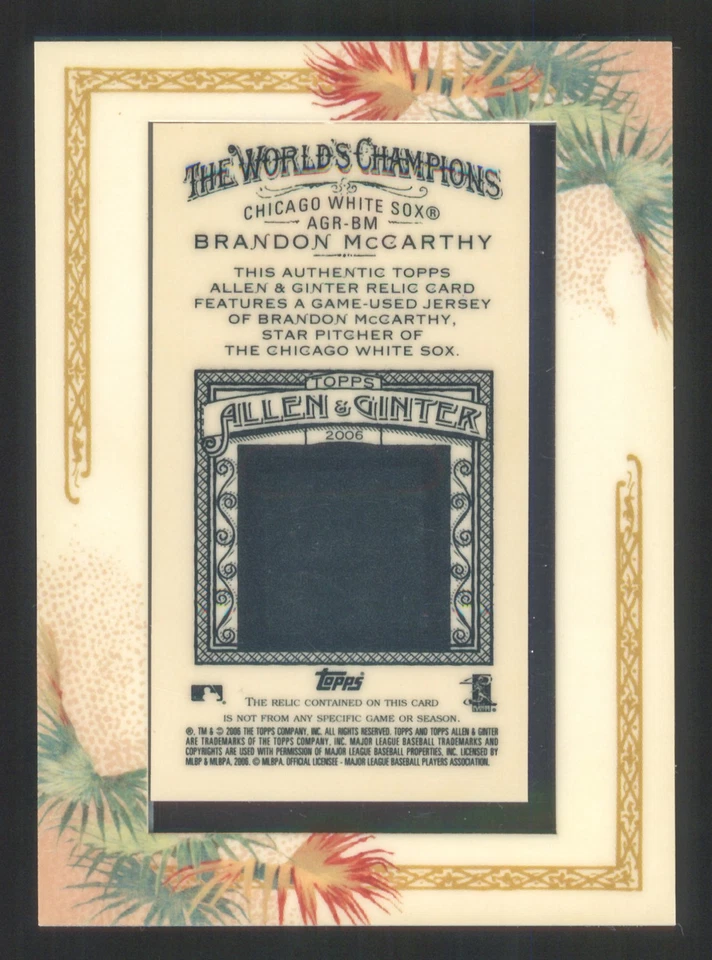 2006 Topps Allen & Ginter #AGR-BM Brandon McCarthy Relics 芝加哥白袜队 — 第 2/2 张图片