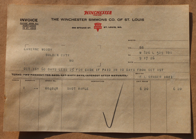 Original 1926 Winchester Invoice Shot Rifle Sale St Louis MO Winchester-Simmons