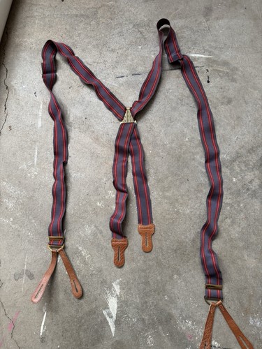 Vintage antique Suspenders Striped Fabric Brass Connector Leather Ends