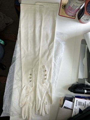 VINTAGE WOMENS white GLOVES WITH PEARLS LONG OPERA LENGTH WEDDING 100% NYLON