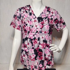 White Cross Scrubs Top Scrub Pink Floral Cotton Pleated Neckline Medium