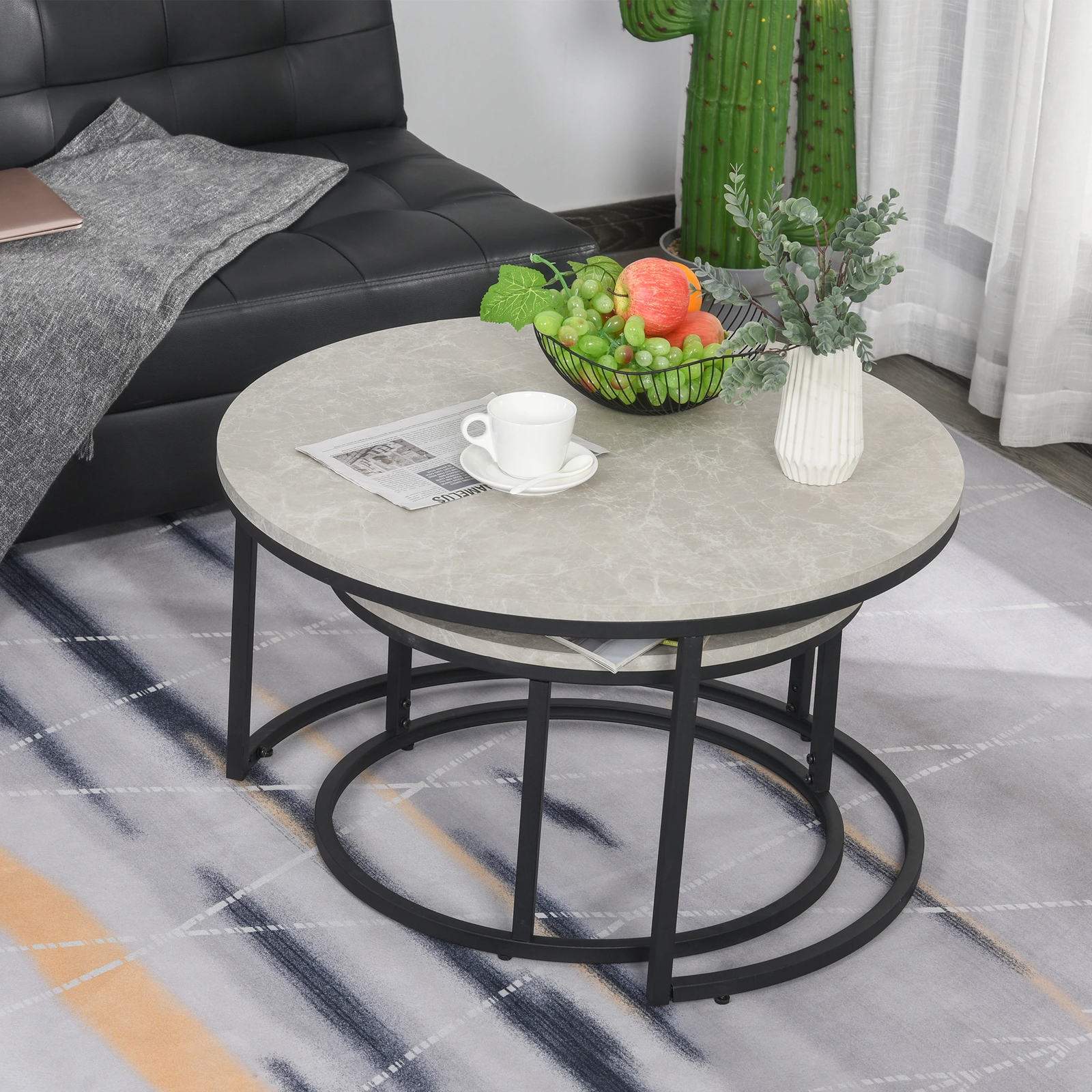 Round Coffee Table Set Concrete marble Effect and Metal 2