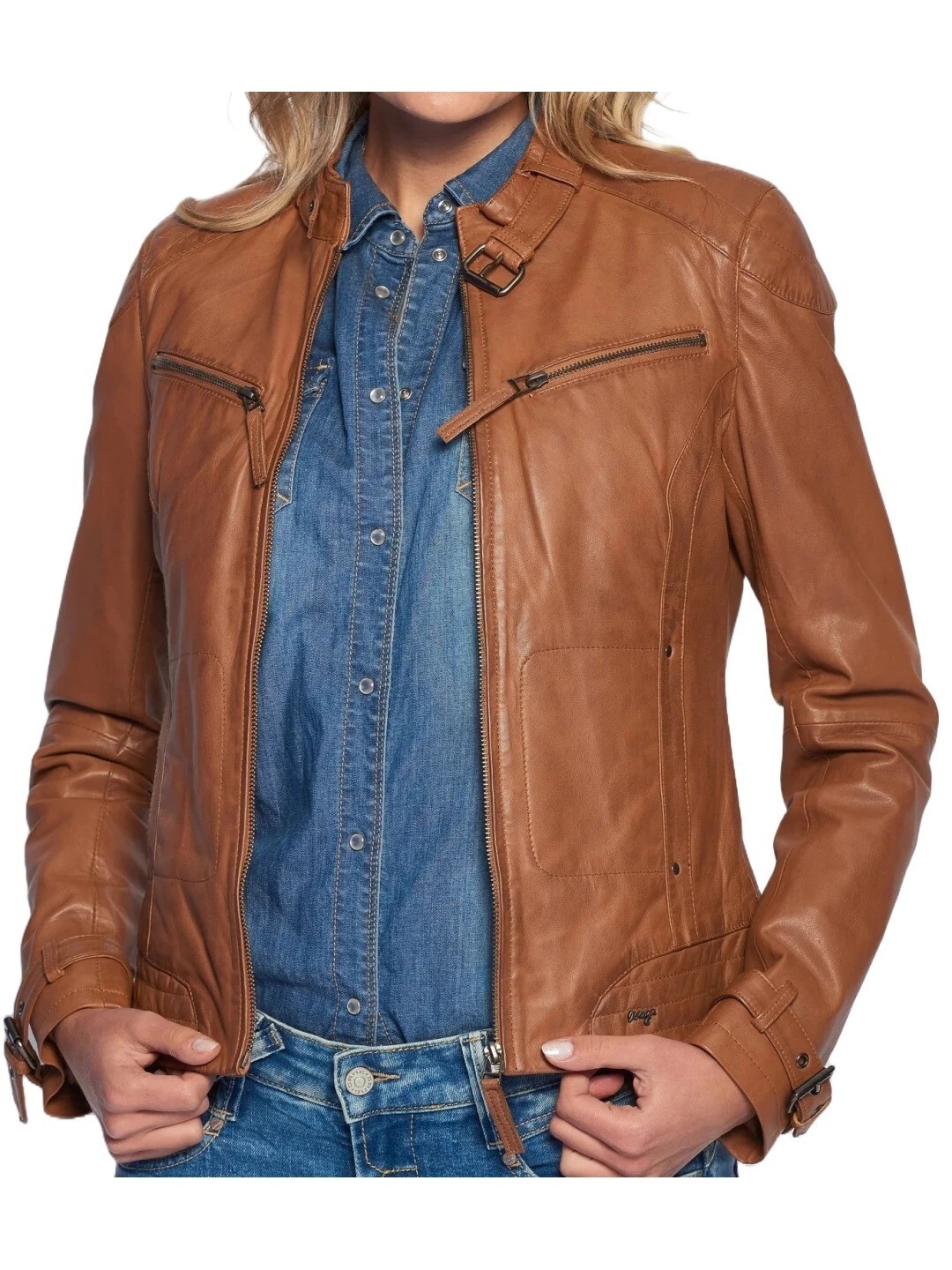 Women's Leather Jacket Moto Motorcycle Biker Lambskin Casual Collection Tan 44 - second product detail image