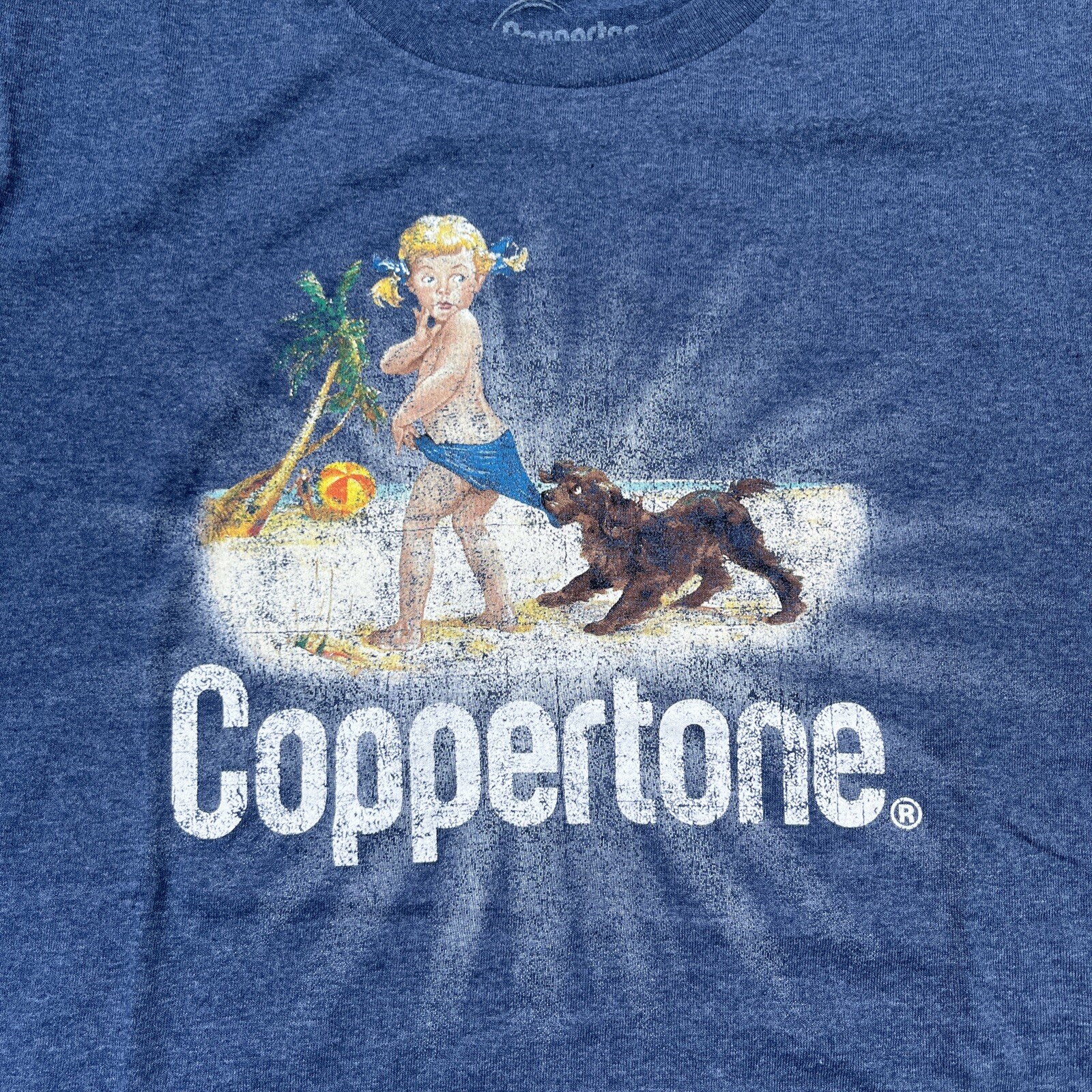 Unisex Tshirt Classic Coppertone Girl Logo (Beach, Dog) Blue TShirt