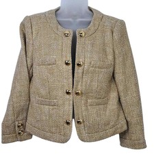 Chaus Jacket Blazer Gold Tweed Open 6 Small Y2k Vtg 3/4 Sleeve Classic Beige