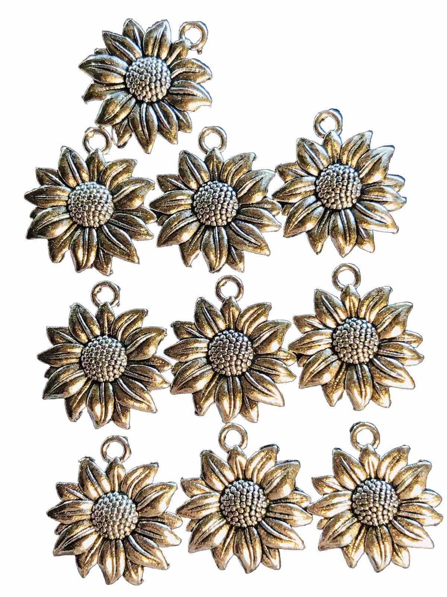 Silver Tone Metal Sunflower Charms 10 Pc