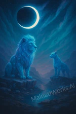 Lions Under Eclipsed Moon – Mystical Big Cat Wall Art Print (Instant Download)