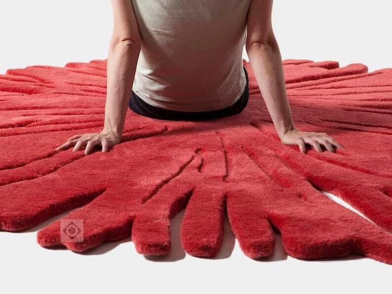Alfombras de pulpo 6x6 personalizadas de lujo acolchadas a mano 100 % lana rojas irregulares Foto 3 de 4