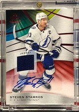 2019-20 UD SP GAME USED STEVEN STAMKOS, #12, AUTO, JERSEY PATCH, STANLEY CUP WIN
