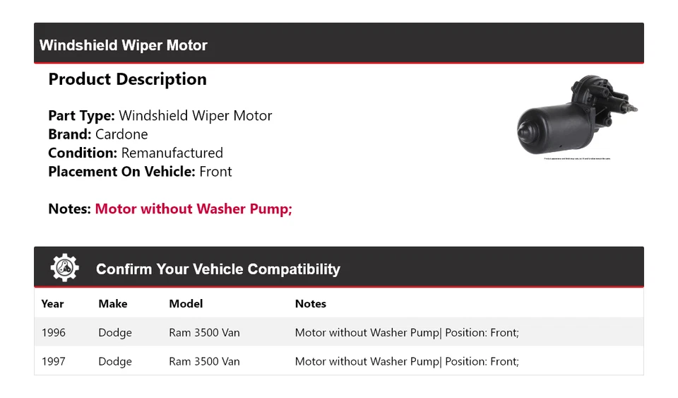 适用于 1996 - 1997 道奇 Ram 3500 Van Windshield Wiper 电机前 Cardone — 第 2/4 张图片