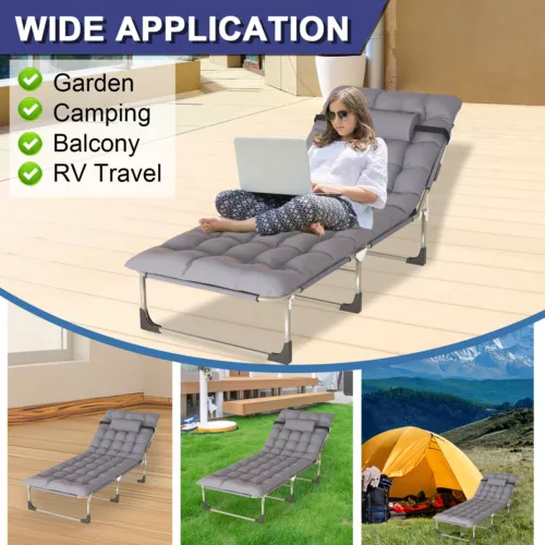 Outdoor Folding Chaise Lounge Chair for Beach Sunbathing Patio Pool Lawn Deck - Picture 3 of 21