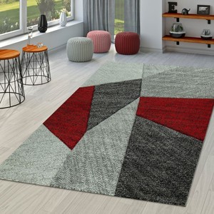 Détails Sur Tapis De Salon Moderne Poils Ras Aspect Tricot Motifs Géométriques Gris Rouge