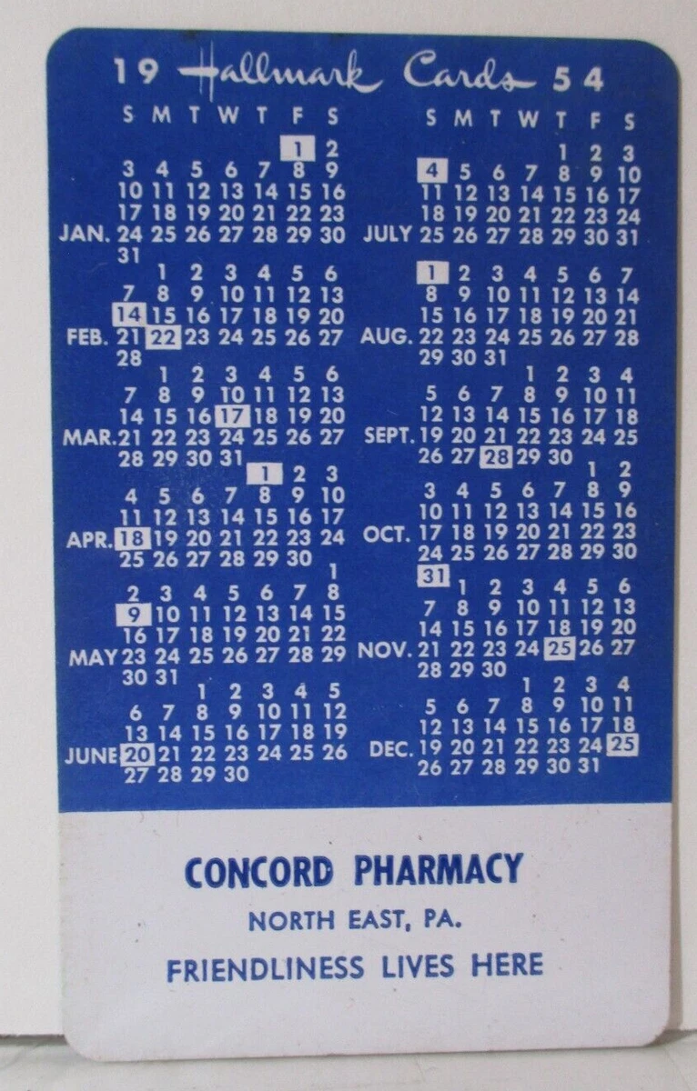 1954 Pocket Calendar HALLMARK CARDS Concord Pharmacy North East, PA. # 5229  | eBay
