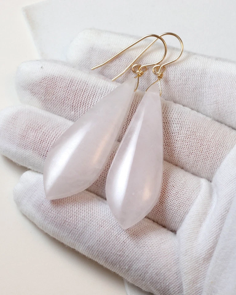 Pendientes de cuarzo rosa X grandes gotas lisas rosa oro macizo de 14 k de ley de 2,5" Foto 3 de 4