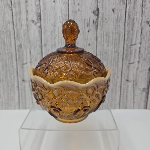 Fenton Glass Cameo Opalescent Hobnail Candy Dish Lidded Lily Of The Valley Amber