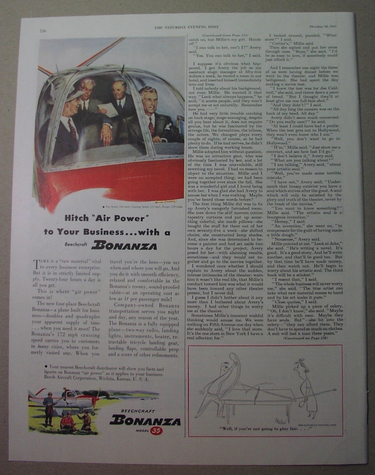 BEECHCRAFT airplanes - 7 ads, 1942-1947; WICHITA Kansas; Bonanza; KING of BORNEO