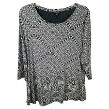 Lucky Brand Plus Size 1X Top Black White Paisley Tunic 3/4 Sleeve Boho Artsy 979