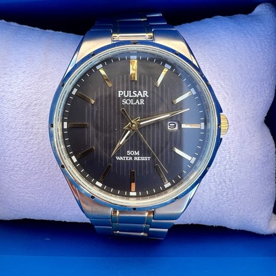 Mens PULSAR Solar Analog Watch AS32-X008 ~ Water Resist 50m ~ Black Round Face