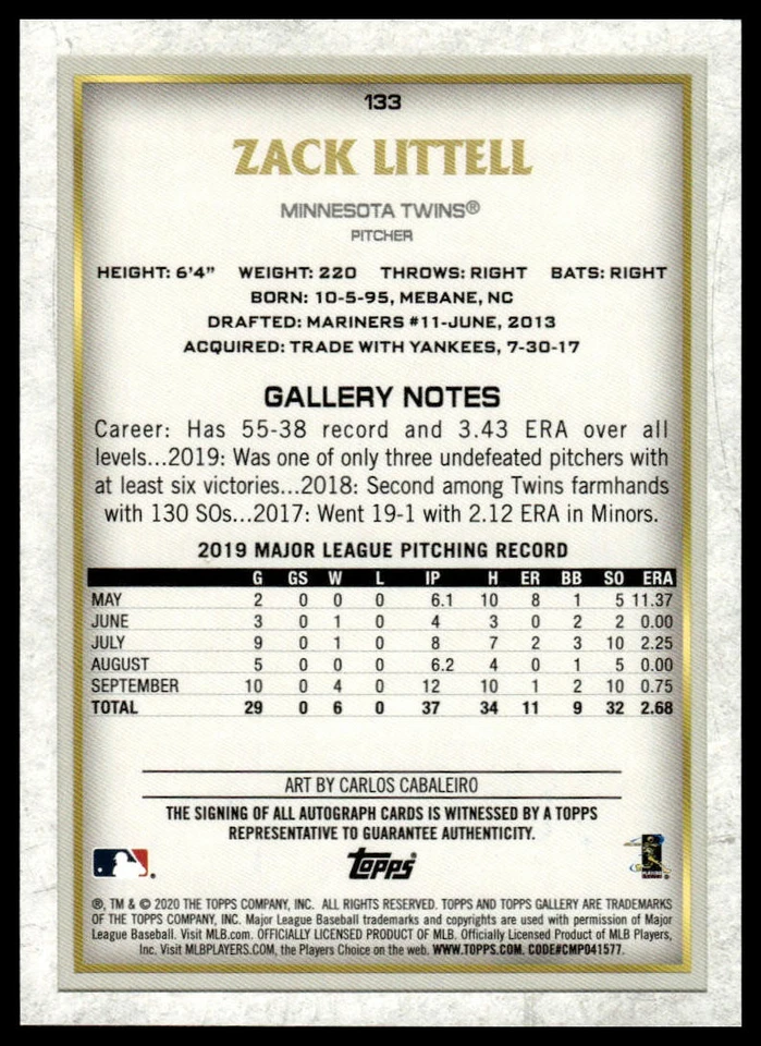 2020 Topps Gallery #133 Zack Littell Autographs - Image 2 of 2