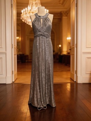 Ignite Evenings by Carol Lin Size 14 Metallic Jeweled Neck Romantic Maxi  Dress | eBay