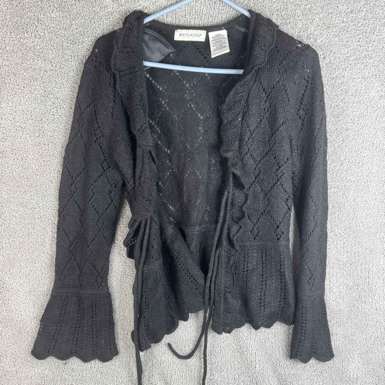 Vintage White Stag Sweater Cardigan Womens Medium Black Open Knit Ruffle Sheer
