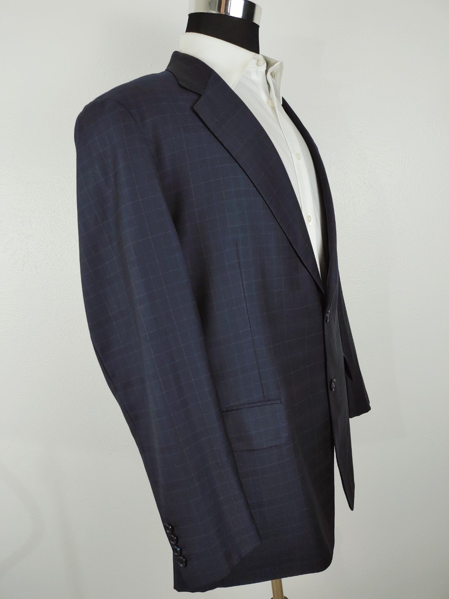 Daniel Leong Zegna Mens Custom Suit Jacket 46L Navy Blue Coat Blazer Check Plaid View 6