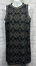 Max Studio Shift Dress Size M 12 Black Cream Tunic Fringe Hem Broderie Anglaise