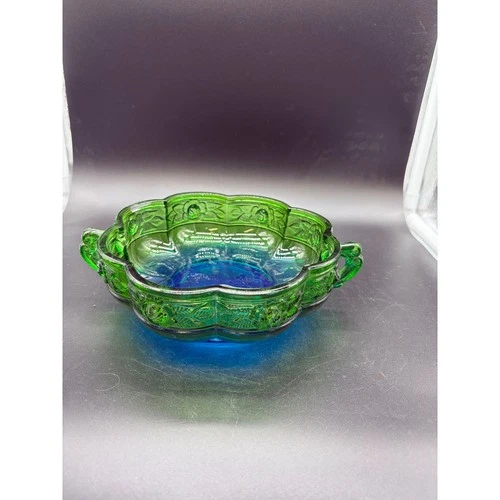 Vintage Jeanette Blue and Green Double Handled Aztec Candy Dish