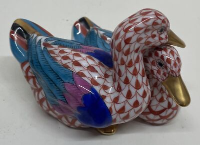 Herend Hungary Pair of Red Handpainted Fishnet Ducks 4'' #5036