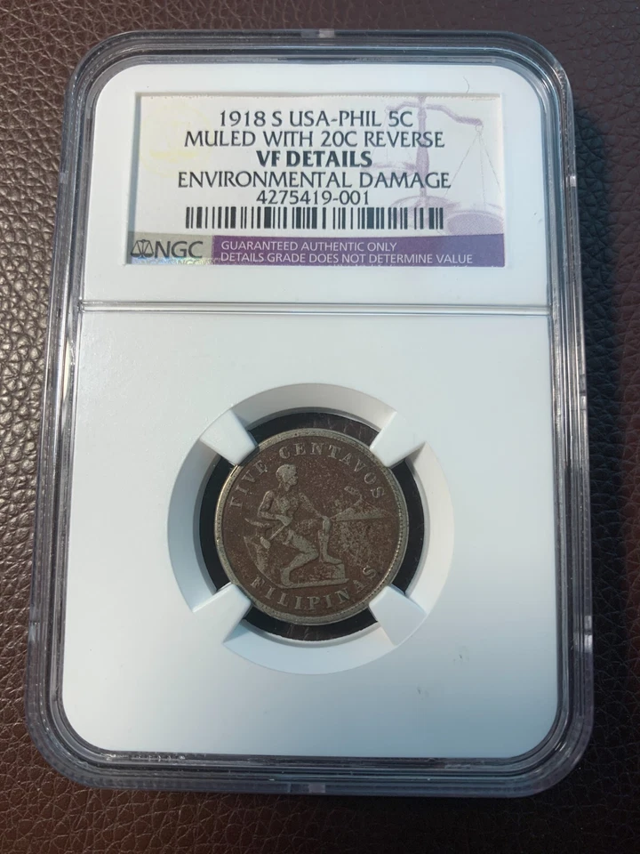 US PHILIPPINES 5 CENTAVO 1918-S MULE W/ 20 CENTAVO REVERSE NGC VF DETAILS SCARCE - Image 4 of 4