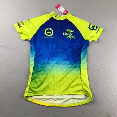 Primal Cycling Jersey Womens Large Blue Yellow Full Zip Raglan Short Sleeves NWT