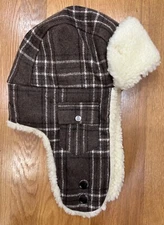Stetson Trapper Winter Hat Brown Plaid Wool Blend Faux Sherpa Fur Lined One Size