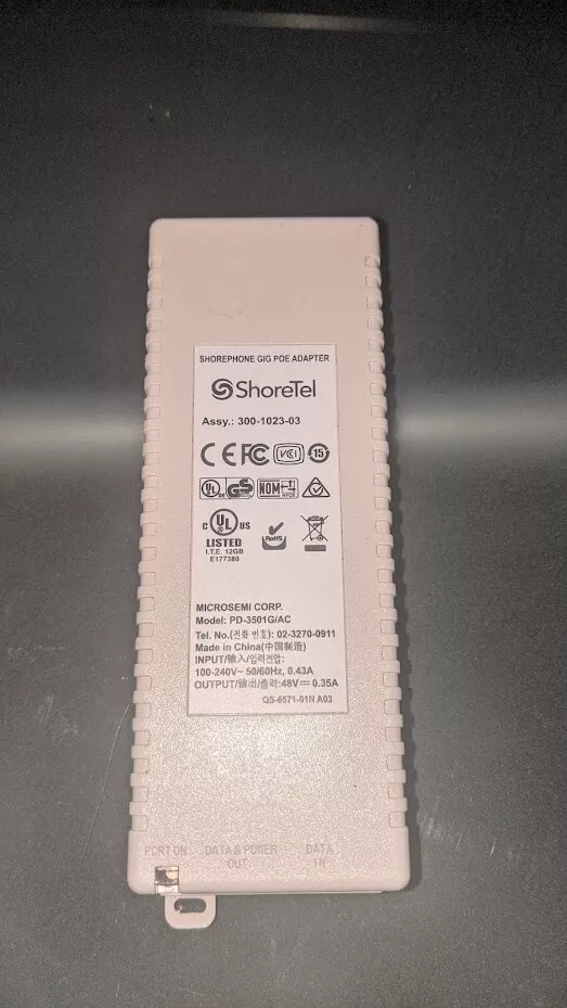 Shoretel PD-3501G 48V 0.35A Gigabit PoE AC Adapter 3501G 300-1023-03