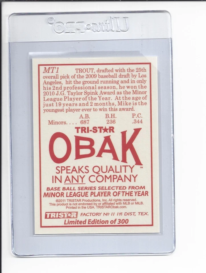 Mike Trout RC 2011 Tri-Star Obak Baseball Limited Edition # MT1 Rookie /300 RARE - Image 2 of 4