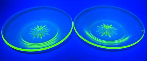 Vintage Uranium Glass Depression Era Matching 5-3/8" Cut Glass Tea/Coffee Plates