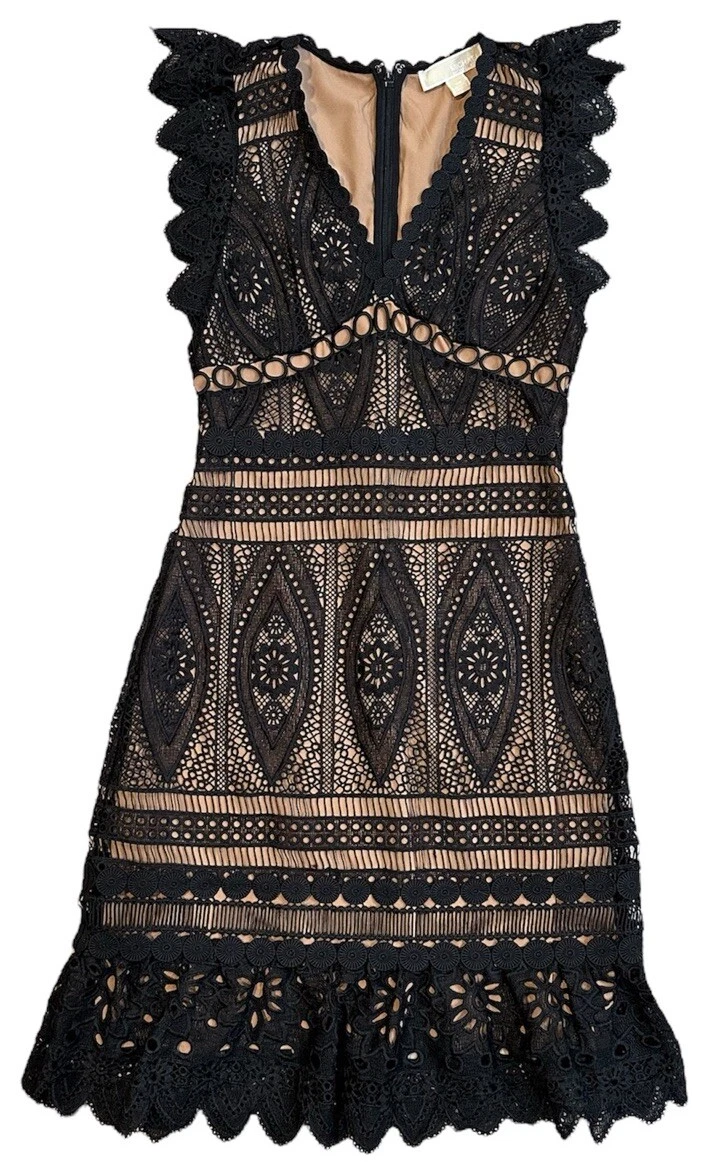 Abito donna Michael Kors pizzo floreale mini A Line zip posteriore SS nero taglia P XS