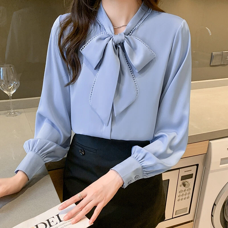 Fall Fall Women Chiffon Bow Tie Neck Solid Long Sleeve Business