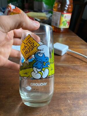 Vintage 1982 Grouchy Smurf Glass 6'' Tall Great Color Peyo Collectors Cup 