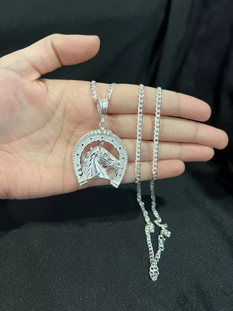 925 Sterling Silver Mens Cowboy Horse Horseshoe Pendant Curb