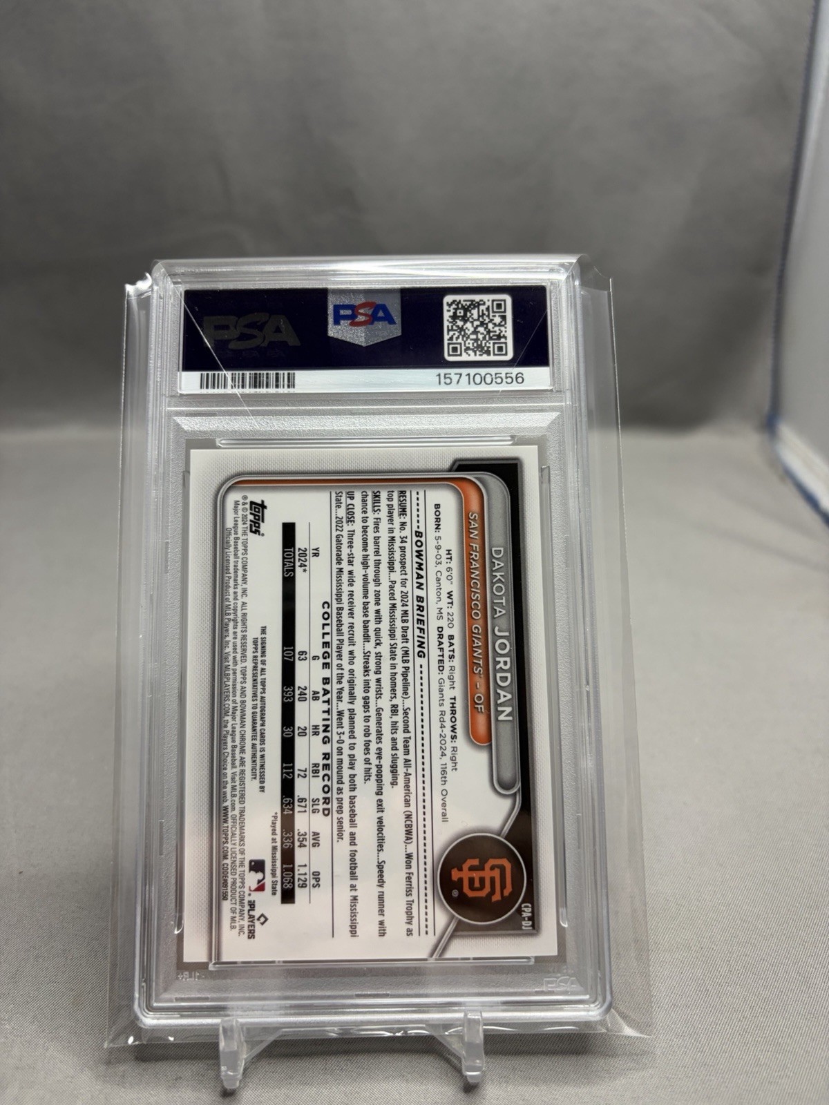 2024 Bowman Chrome Purple Ref Auto Dakota Jordan 1st Bowman (#'d /250) PSA 9 view 2