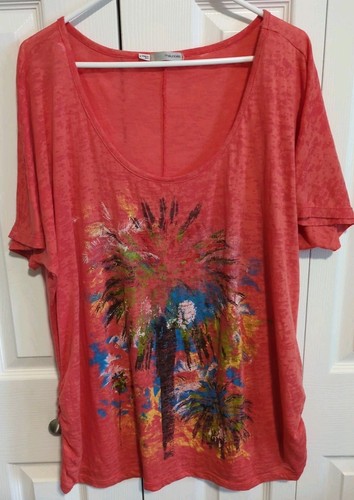 Maurice’s Orange Burnout Scoop Neck Tshirt Size 3 Colorful Graphic BOHO EUC